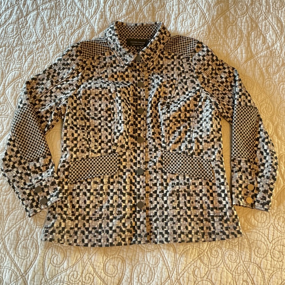 HILTON HOLLIS Snap Button Down Black & Tan Patchwork Shirt women’s size 14